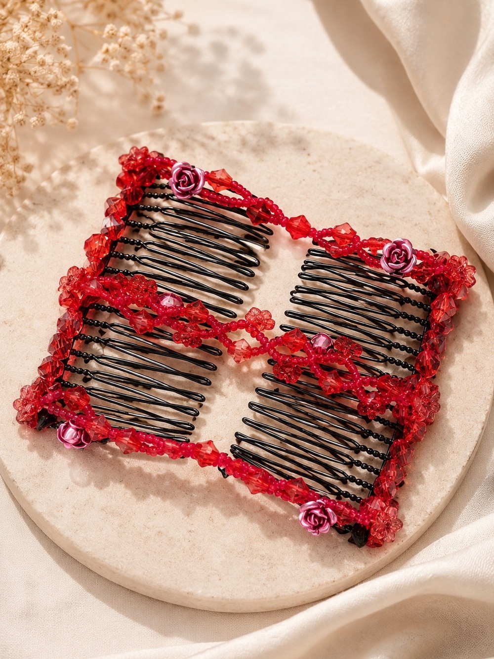 Hair Fast Red Beaded Stretch Hair Comb Crystal Rose Flexible Double Comb Updo